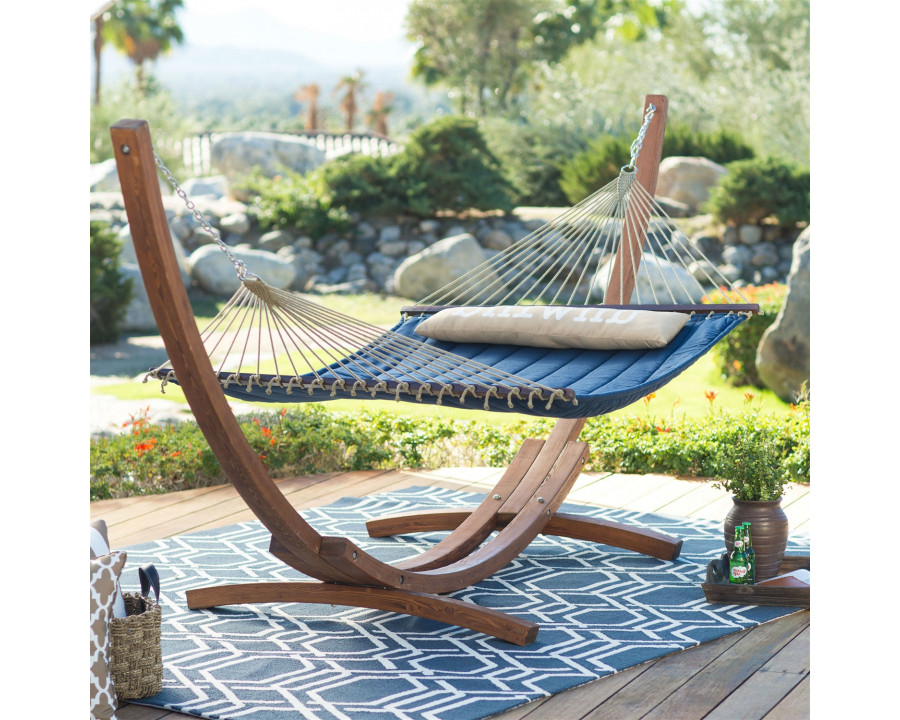 FaFurn - 2-Person Quilted Hammock with Durable Wood Frame Stand in Blue