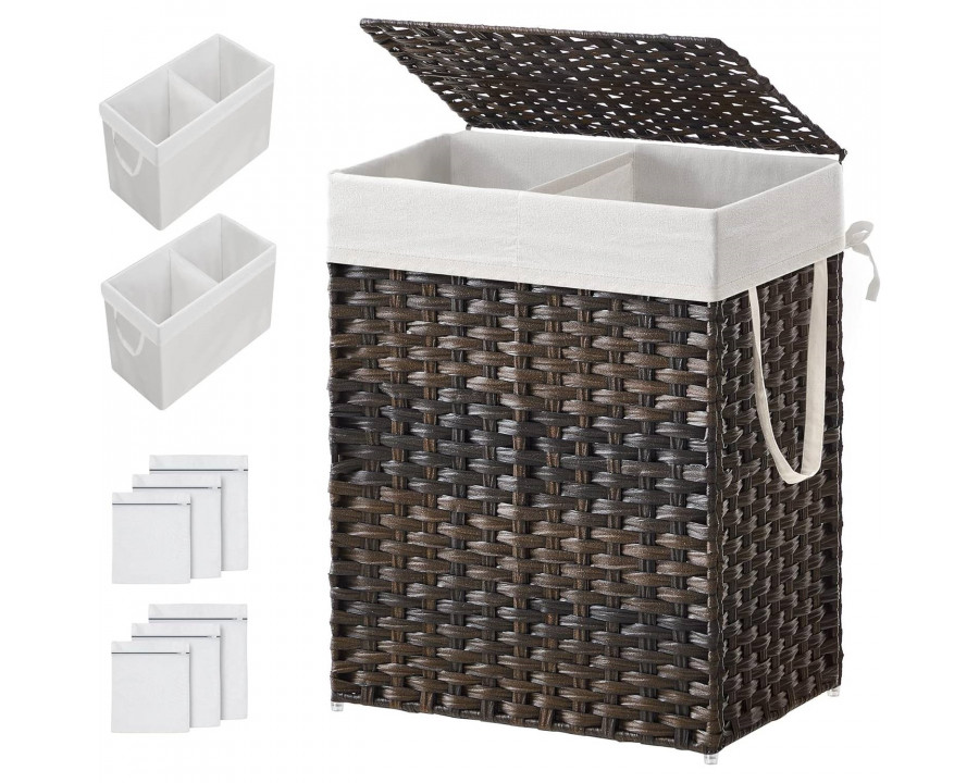 FaFurn - Laundry Hamper Basket with 2-Compartment Washable Liner Bag in Brown