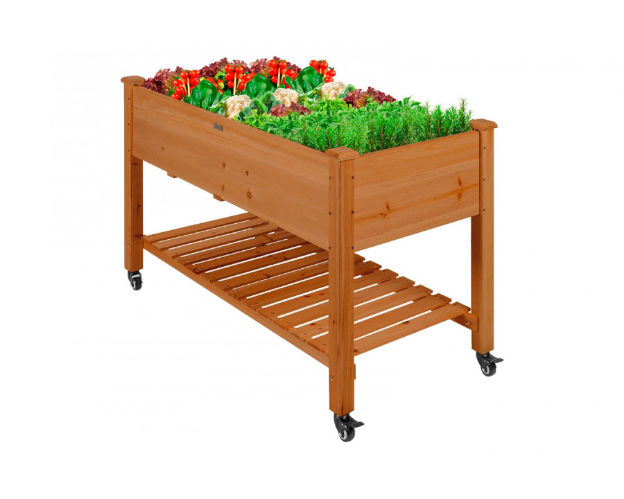 FaFurn - Outdoor Raised Garden Bed Planter Box with Shelf and Locking Wheels in Brown, Wood