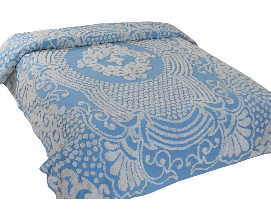 FaFurn - Queen Size 100% Cotton Tufted Chenille Bedspread with Blue Damask Medallion