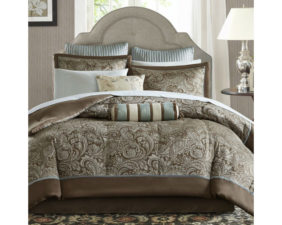 FaFurn - 12-Piece Queen Size Comforter Set in Brown/Blue