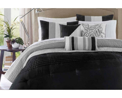 FaFurn 7 Piece Bed in a Bag Comforter Set Faux Silk - Black/Gray, King Size