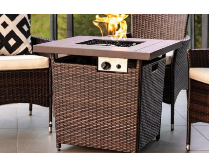 FaFurn Resin Wicker Fire Pit Lp Gas Propane with Faux Wood Tabletop and Cover - Brown