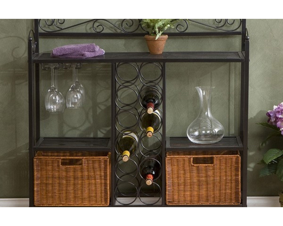 FaFurn - Kitchen Dining Baker'S Rack with Wine Storage and Rattan Baskets