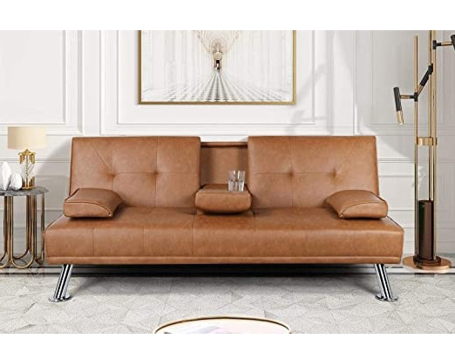 FaFurn Faux Leather Convertible Sofa Futon with 2 Cup Holders - Brown