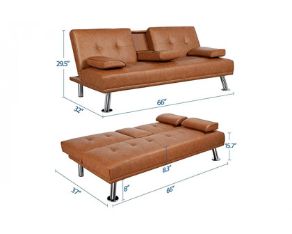 FaFurn™ Faux Leather Convertible Sofa Futon with 2 Cup Holders - Brown