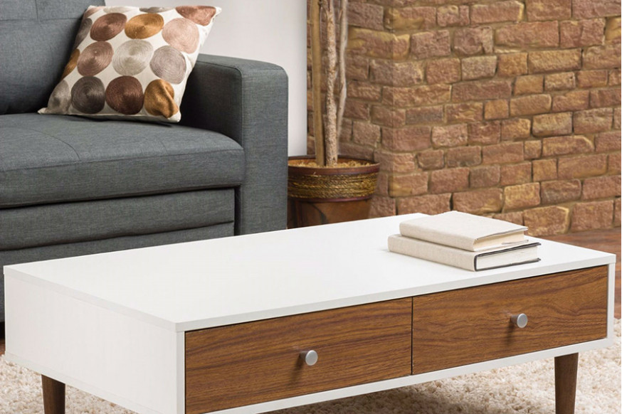 FaFurn™ - Modern Mid-Century Style White Wood Coffee Table with 2 Drawers