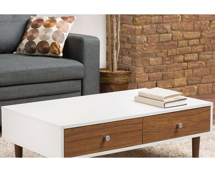 FaFurn - Modern Mid-Century Style White Wood Coffee Table with 2 Drawers