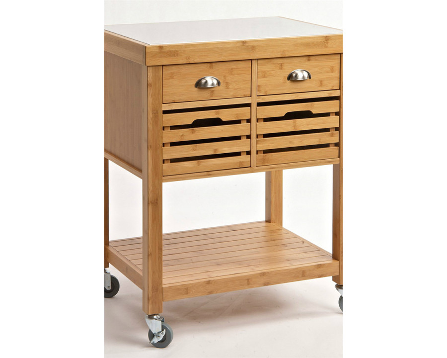 FaFurn - Stainless Steel Top Bamboo Wood Kitchen Cart with Casters