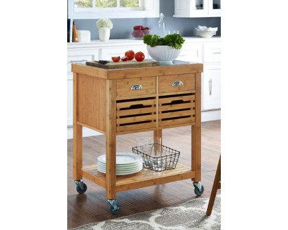 FaFurn - Stainless Steel Top Bamboo Wood Kitchen Cart with Casters