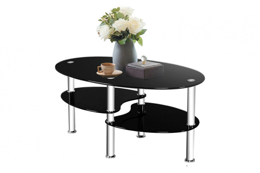 FaFurn™ Modern Oval Tempered Glass Coffee Table with Bottom Shelf - Black