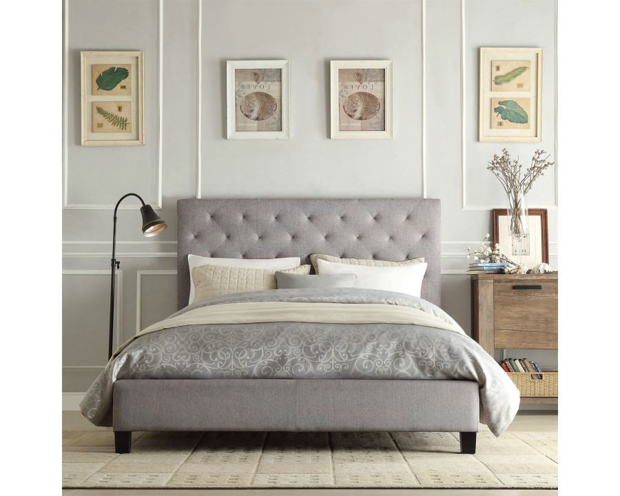 FaFurn - Queen Size Platform Bed Frame with Button Tufted Headboard in Gray, Linen