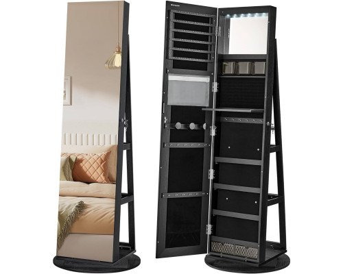 FaFurn Jewelry Armoire Cabinet Organizer Mirror with Freestanding Rotating Mirror on Wheels - Black, Wood