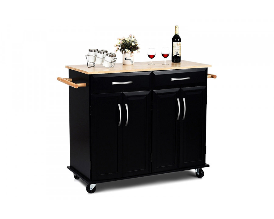 FaFurn - Black Kitchen Island Storage Cabinet Cart with Wood Top and Wheels