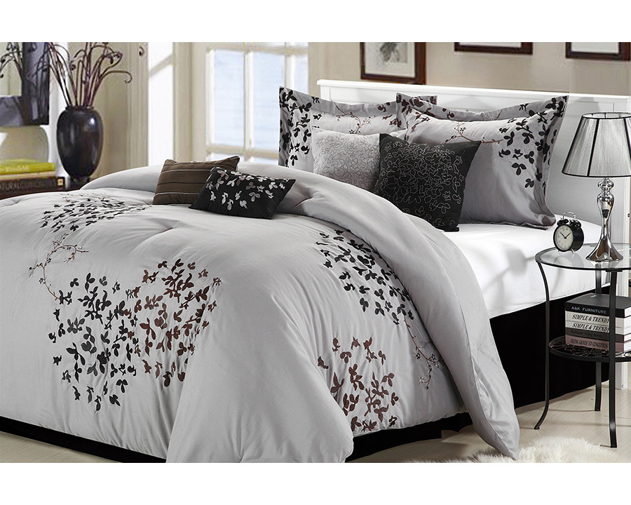 FaFurn - Queen Size 8-Piece Comforter Set in Silver Gray Black Brown Floral