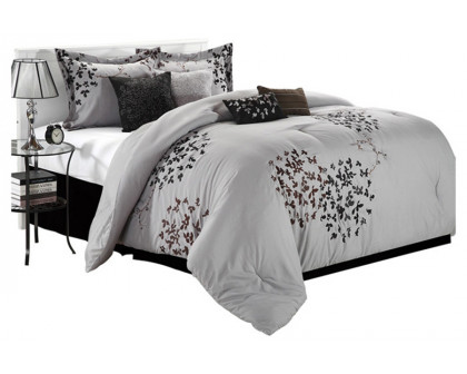 FaFurn - Queen Size 8-Piece Comforter Set in Silver Gray Black Brown Floral