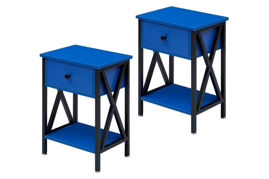 FaFurn™ Set of 2 End Table with 1 Drawer - Dark Blue/Black, Metal/MDF