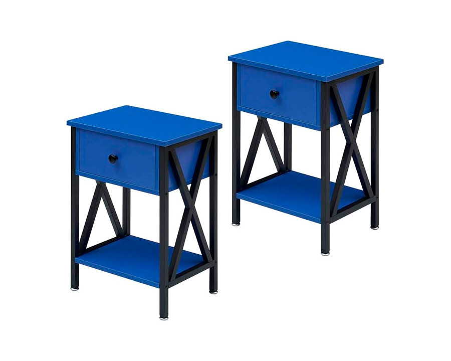 FaFurn Set of 2 End Table with 1 Drawer - Dark Blue/Black, Metal/MDF