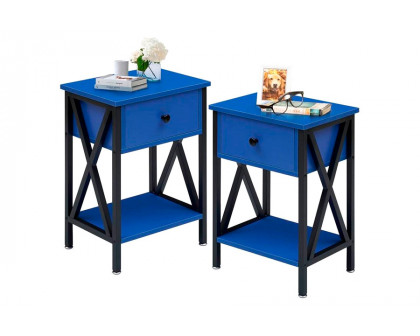 FaFurn™ Set of 2 End Table with 1 Drawer - Dark Blue/Black, Metal/MDF