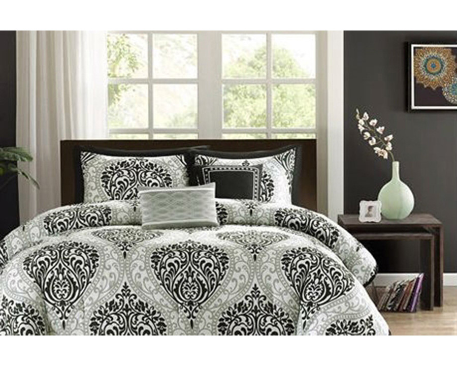 FaFurn - California King Size 5-Piece Black/White Damask Comforter Set