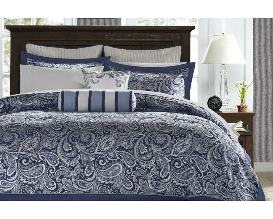 FaFurn - California King 12-Piece Reversible Microfiber Comforter Set Navy Blue White