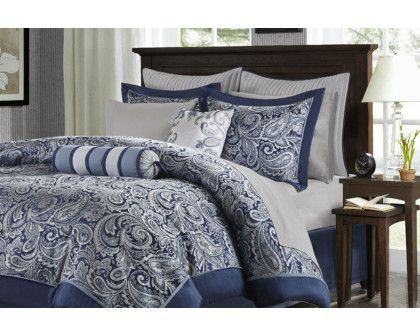 FaFurn - California King 12-Piece Reversible Microfiber Comforter Set Navy Blue White