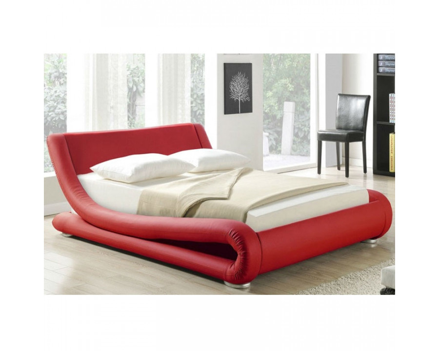 FaFurn - Cal/King Size Platform Bed Frame with Modern Curved Headboard in Red, Leather