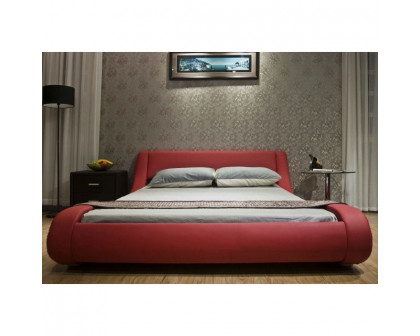 FaFurn - Cal/King Size Platform Bed Frame with Modern Curved Headboard in Red, Leather