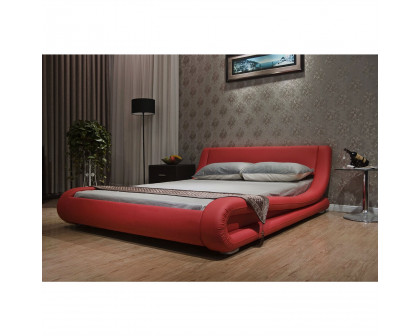 FaFurn - Cal/King Size Platform Bed Frame with Modern Curved Headboard in Red, Leather