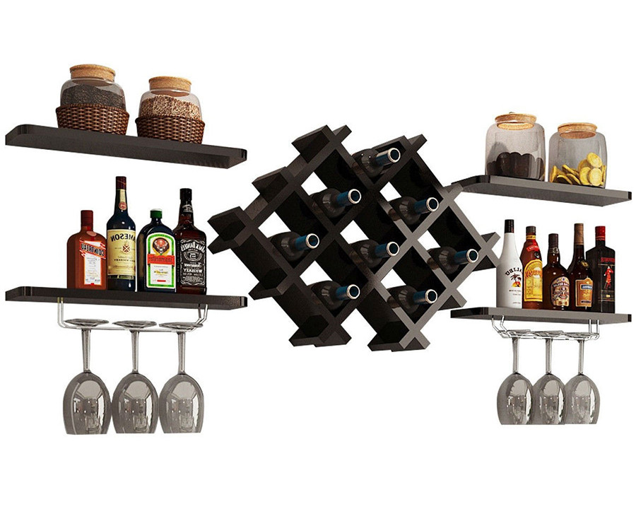 FaFurn - Black 5 Piece Wall Mounted Wine Rack Set with Storage Shelves