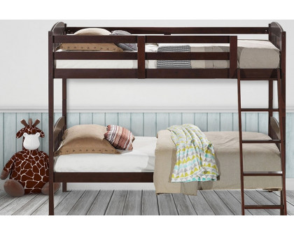 FaFurn Twin Over Twin Wooden Bunk Bed with Ladder - Dark Brown