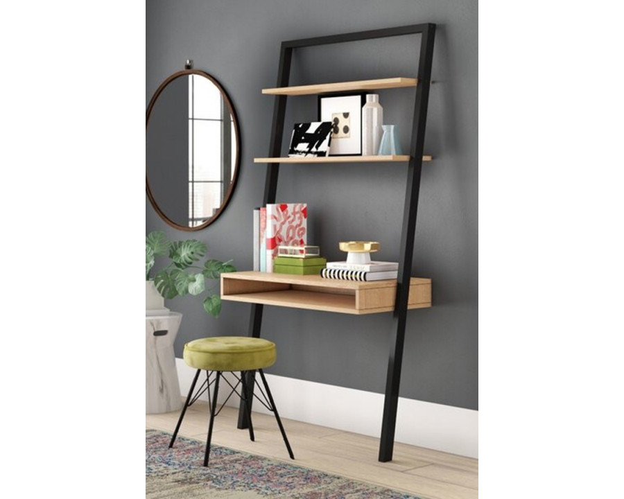 FaFurn - Farmhouse Rustic Oak Black Leaning Ladder Writing Desk 2 Shelves