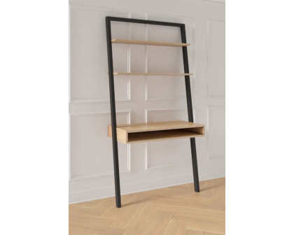 FaFurn - Farmhouse Rustic Oak Black Leaning Ladder Writing Desk 2 Shelves