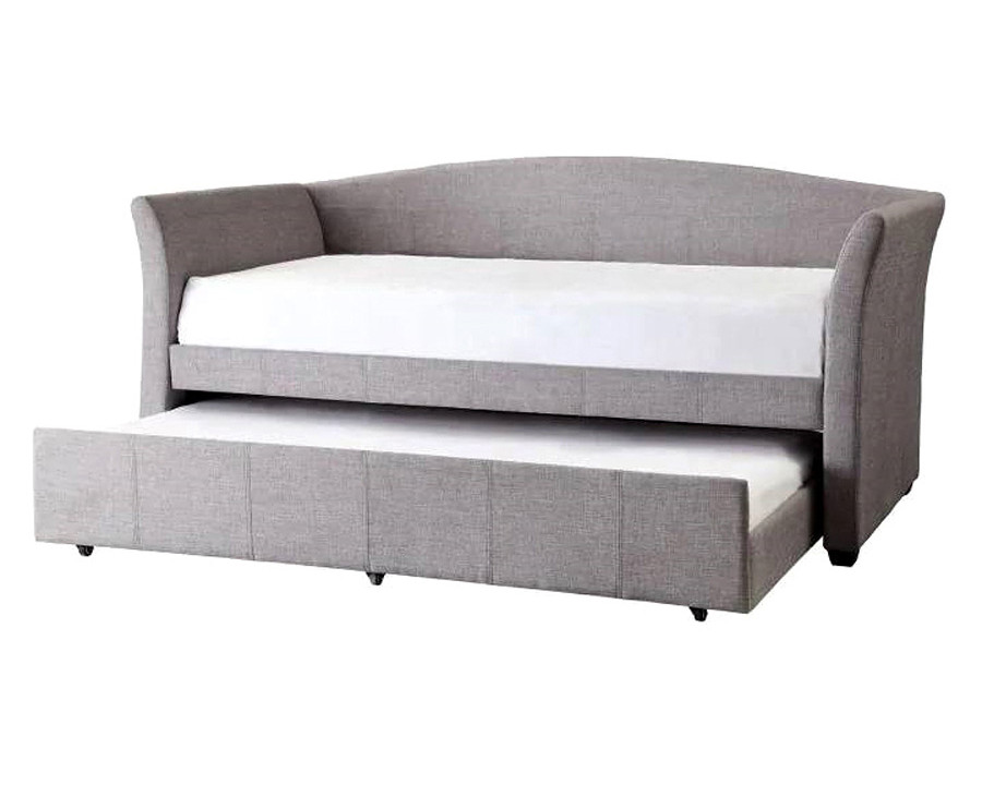 FaFurn - Twin Size Gray Upholstered Daybed with Roll-Out Trundle Guest Bed