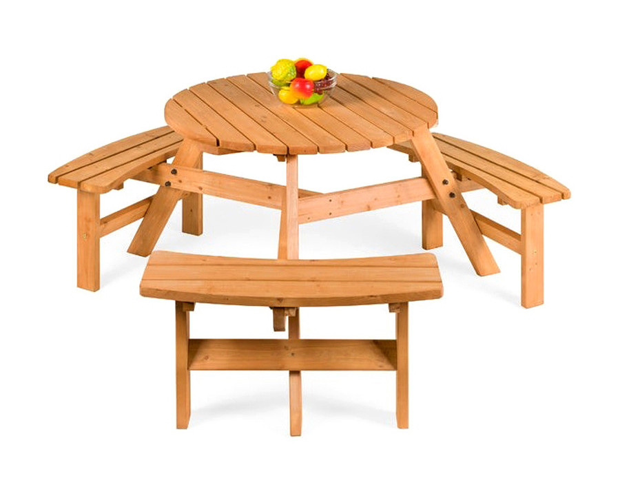 FaFurn - Outdoor Round Wood Picnic Table Bench Set with Umbrella Hole Seats 6