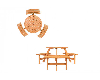 FaFurn - Outdoor Round Wood Picnic Table Bench Set with Umbrella Hole Seats 6