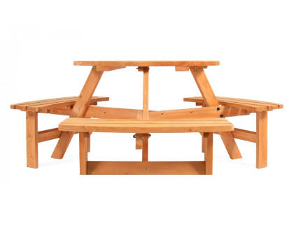 FaFurn - Outdoor Round Wood Picnic Table Bench Set with Umbrella Hole Seats 6