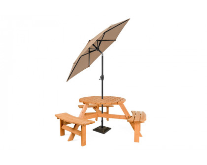 FaFurn - Outdoor Round Wood Picnic Table Bench Set with Umbrella Hole Seats 6