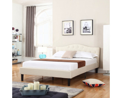 FaFurn - Queen Size Platform Bed Frame with Button Tufted Headboard in Ivory, Linen