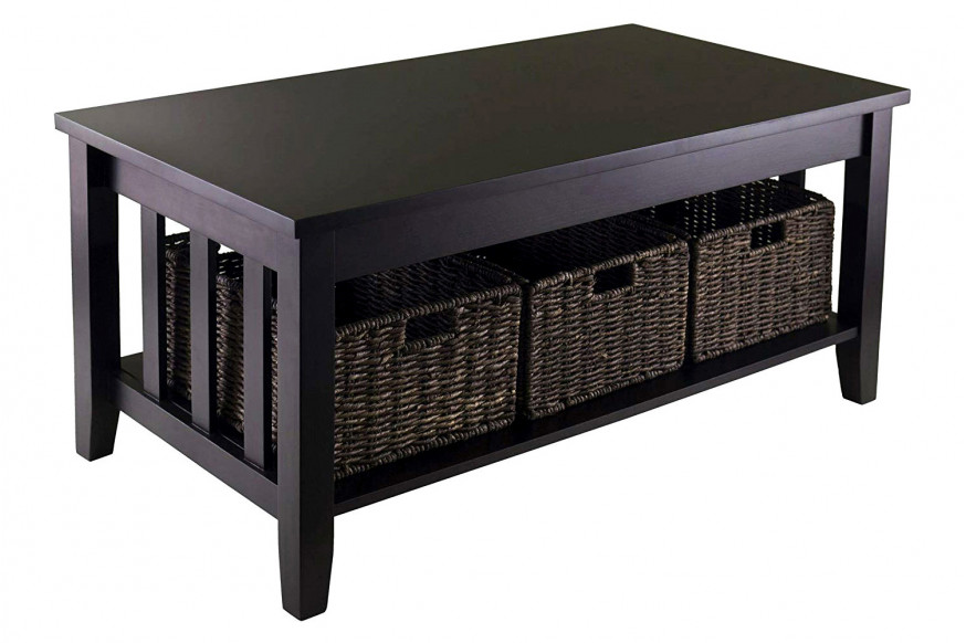 FaFurn™ - Espresso 2 Tier Coffee Occasional Table with 3 Storage Baskets