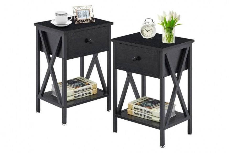 FaFurn™ Set of 2 Rustic End Table with X-Shaped Sides - Black, Metal/MDF