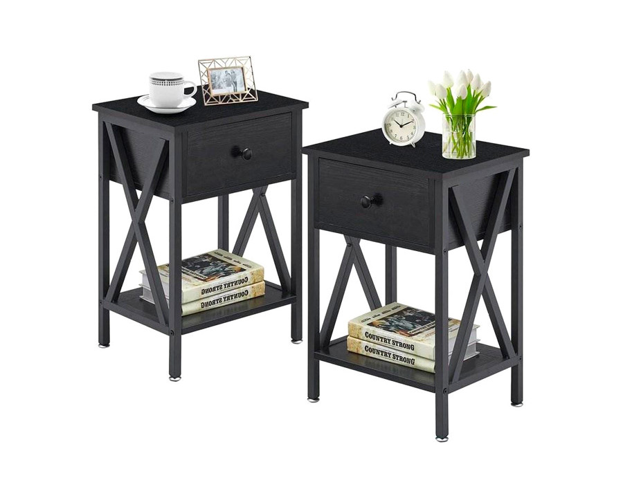 FaFurn Set of 2 Rustic End Table with X-Shaped Sides - Black, Metal/MDF