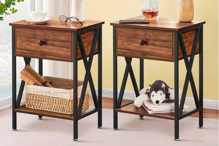 FaFurn™ Set of 2 Rustic End Table with 1 Drawer - Brown/Black, Metal/MDF