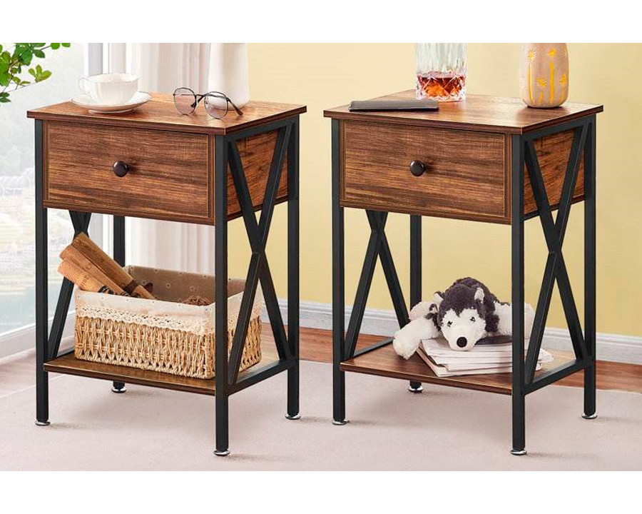 FaFurn Set of 2 Rustic End Table with 1 Drawer - Brown/Black, Metal/MDF