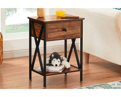 FaFurn™ Set of 2 Rustic End Table with 1 Drawer - Brown/Black, Metal/MDF