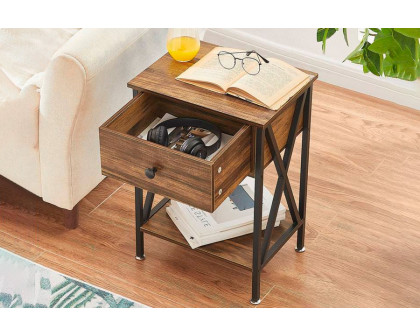 FaFurn™ Set of 2 Rustic End Table with 1 Drawer - Brown/Black, Metal/MDF