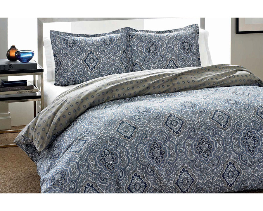 FaFurn 3-Piece Cotton Comforter Set  with Gray Blue Damask Pattern - Full/Queen Size