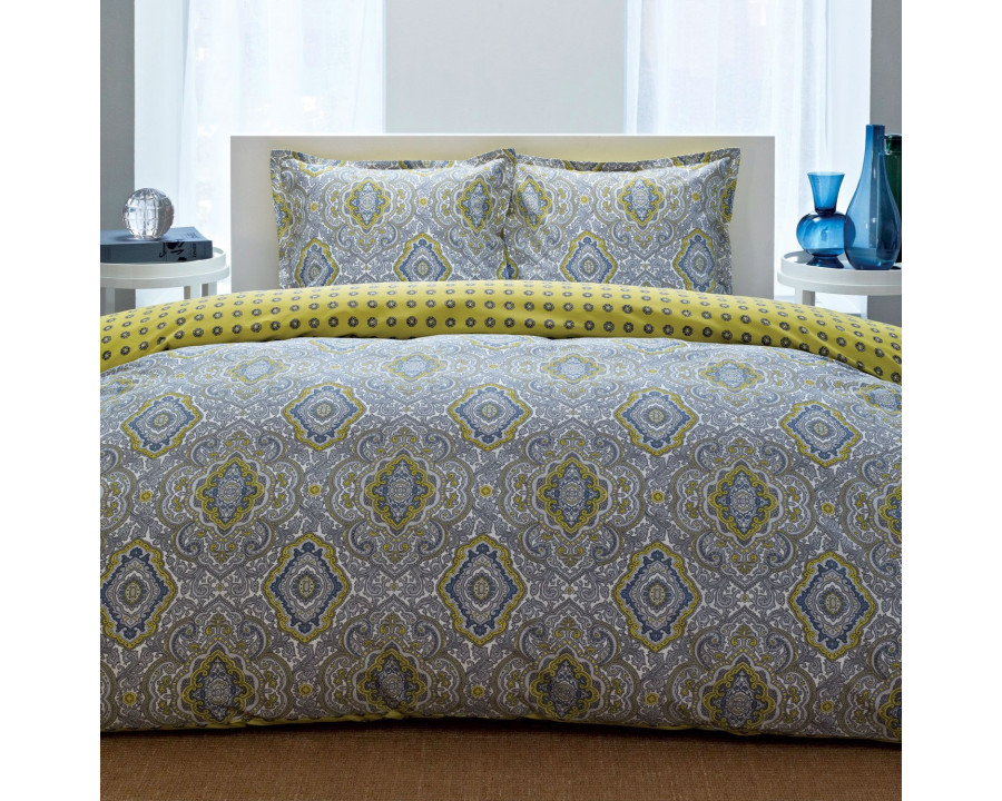 FaFurn - Comforter Set with Blue Yellow Damask Pattern