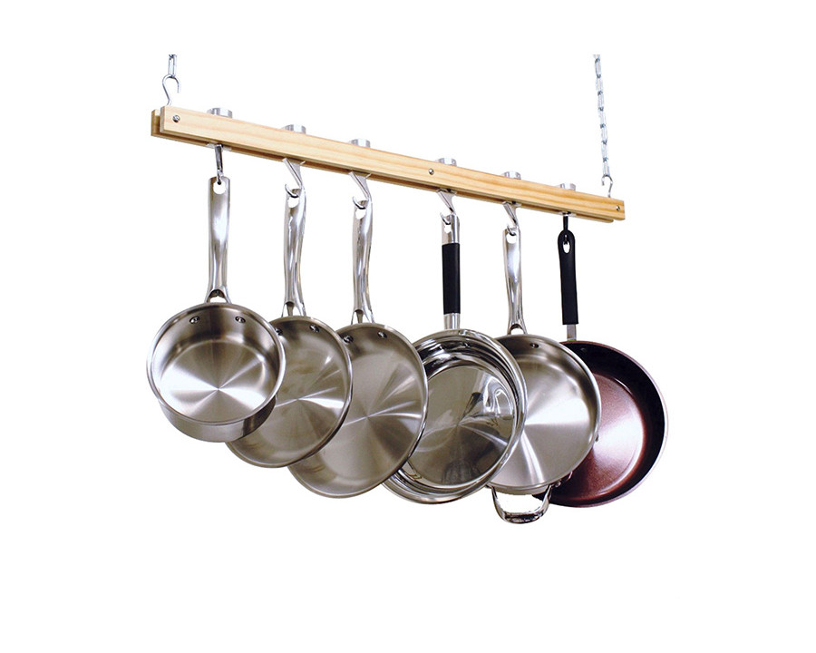 FaFurn - Ceiling Mount Single Bar Wooden Pot Rack with 4 Pan Hooks