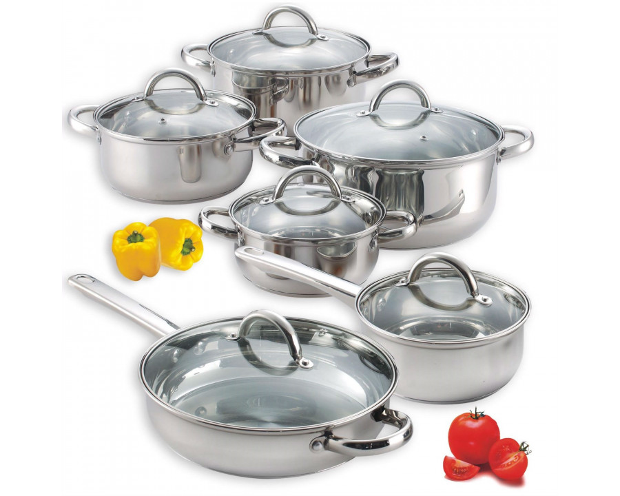 FaFurn - 12-Piece Cookware Set with Tempered Glass Lids in Stainless Steel